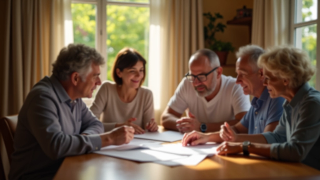 Familia reunida revisando documentos de herencia y planificación patrimonial
